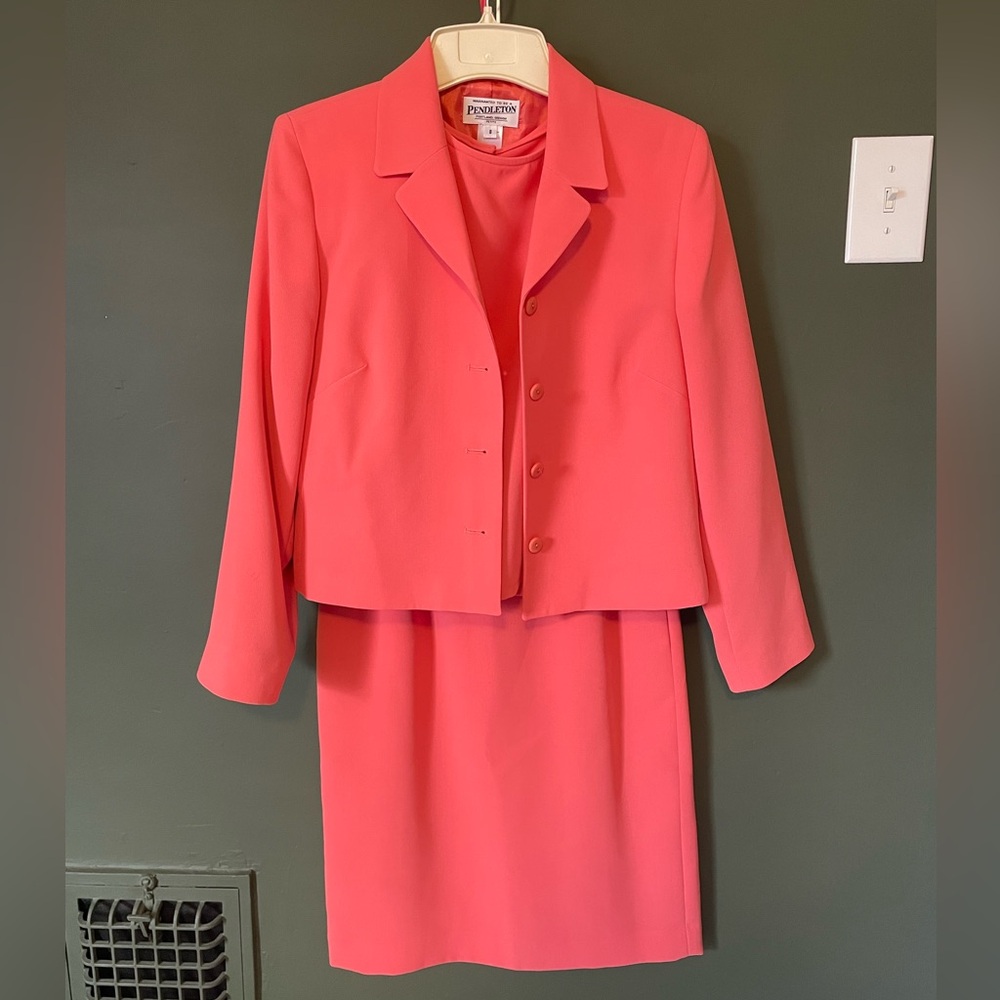 Pendleton Vintage 3Pc Suit Set Coral Pink Blazer Skirt Sleeveless Top 6 8 Petite